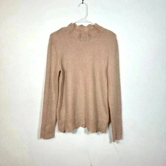 Liz Claiborne Career Sweater Medium Pastel Pink Crochet Mock Neck Scallop Knit - Picture 1 of 8